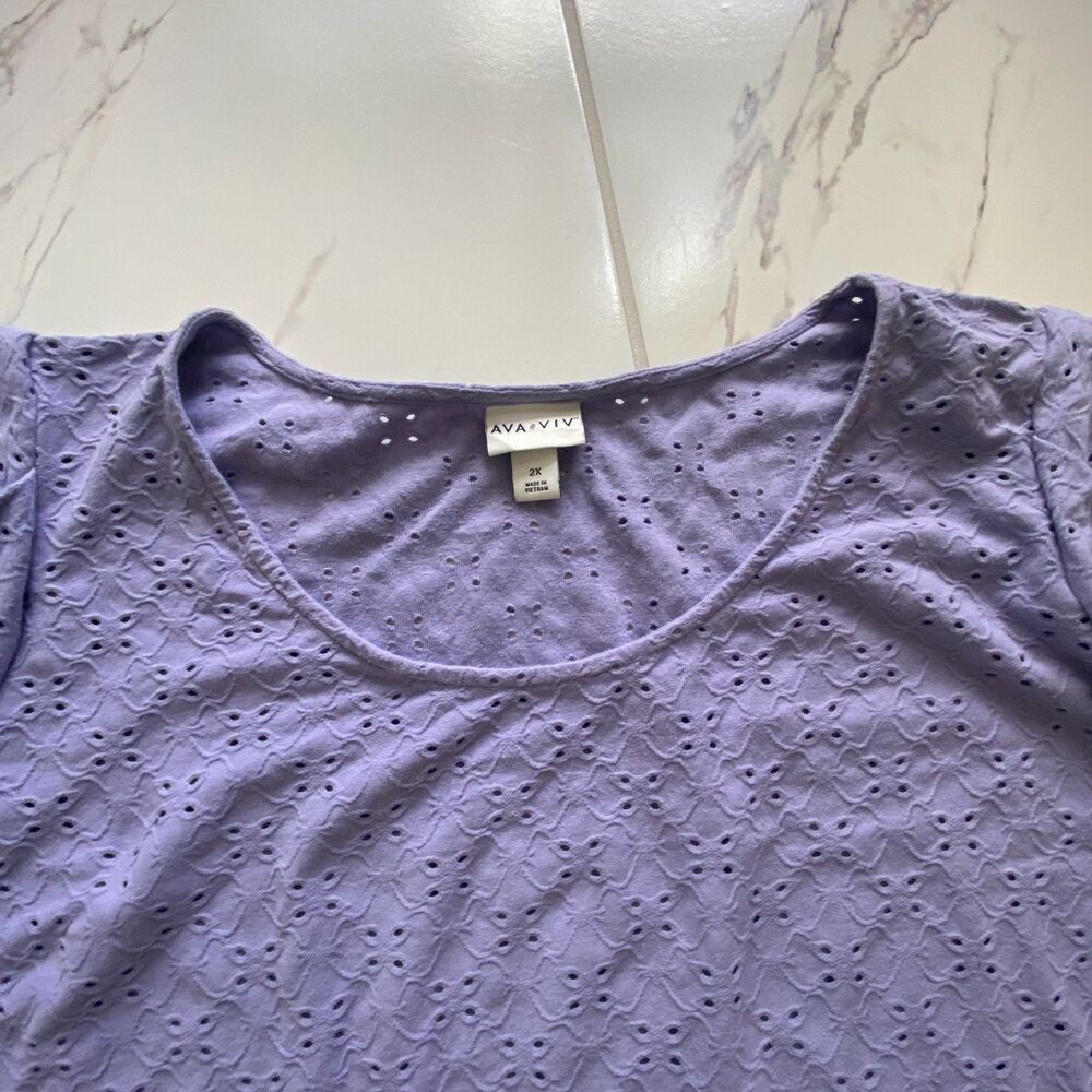 Ava And Viv Womens 2X Purple Eyelet Crochet Blouse Puff Sleeve Plus Top - Picture 5 of 10